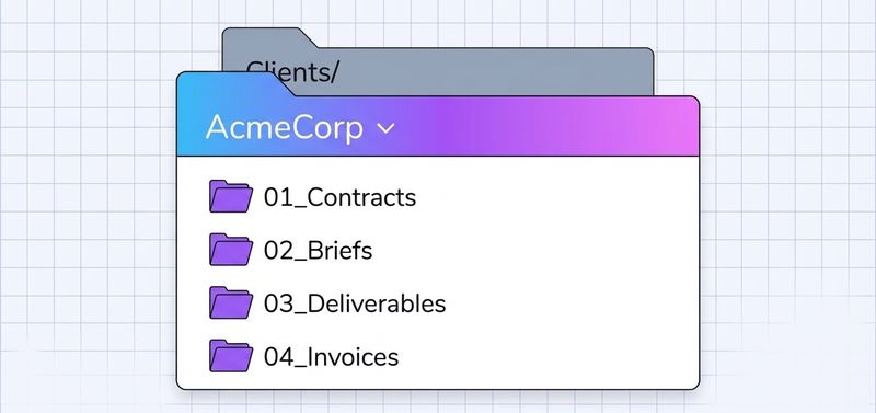 Client folder structure for freelancers: AcmeCorp folder with 01_Contracts, 02_Briefs, 03_Deliverables and 04_Invoices subfolders