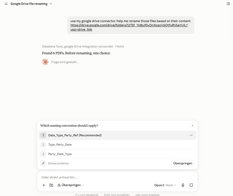 The prompt, and Claude asking which naming convention to apply