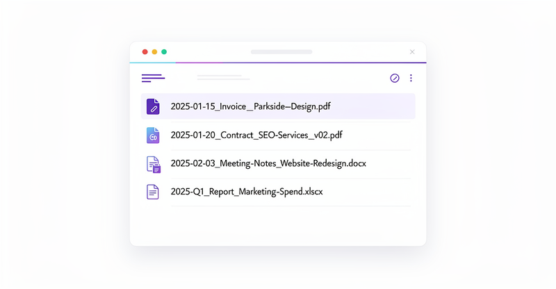 File naming conventions guide: YYYY-MM-DD format, version numbers and consistent naming rules for business files