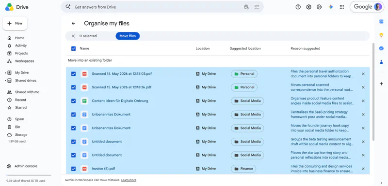Google Drive's Organize my files suggesting folders for loose files, each move awaiting approval