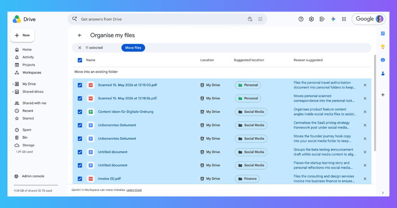 Google Drive’s Organize My Files feature suggesting folders and reasons for a batch of loose files, with each suggested move awaiting approval