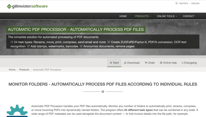 Automatic PDF Processor by Gillmeister Software: Windows tool that monitors folders and renames, moves and splits PDF invoices by rules