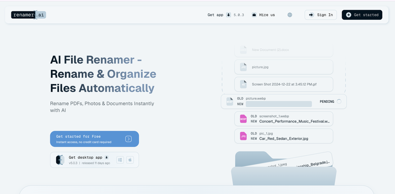 Renamer.ai: AI file renamer that renames PDFs and documents by their content, with a desktop app for Windows and Mac