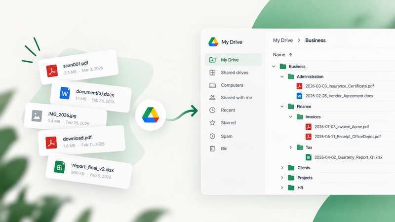 Messy files like scan001.pdf and download.pdf turned into an organized Google Drive, with dated names in Business, Finance and Invoices folders