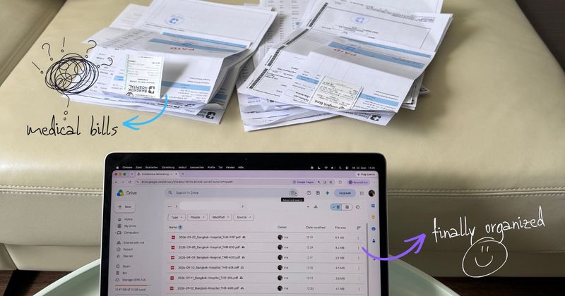 Eight Bangkok Hospital invoices stacked on a couch beside a MacBook showing the same bills in Google Drive, each renamed to date, provider and amount