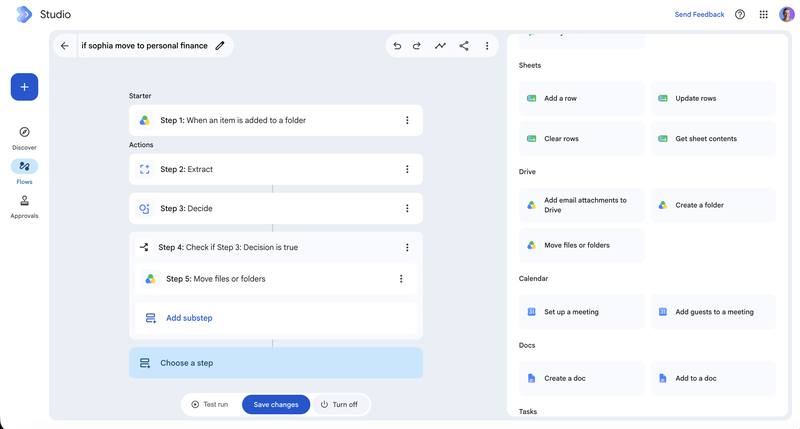 The Workspace Studio step picker with the Drive section open between Sheets and Calendar, showing only three steps: Add email attachments to Drive, Create a folder, and Move files or folders