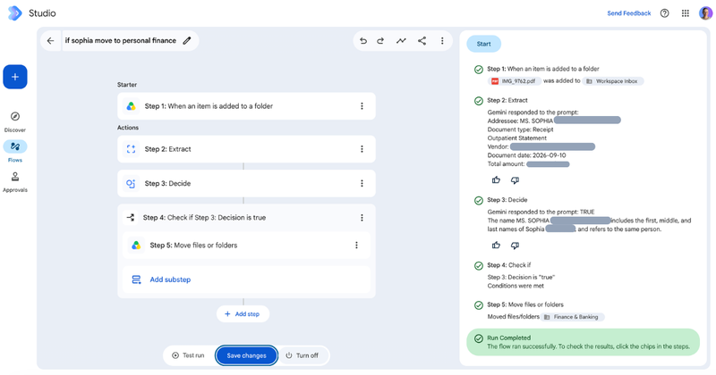 The Workspace Studio run history: Extract returning five correctly filled fields from a scanned PDF, Decide reporting TRUE, Check if passing, and Move completing