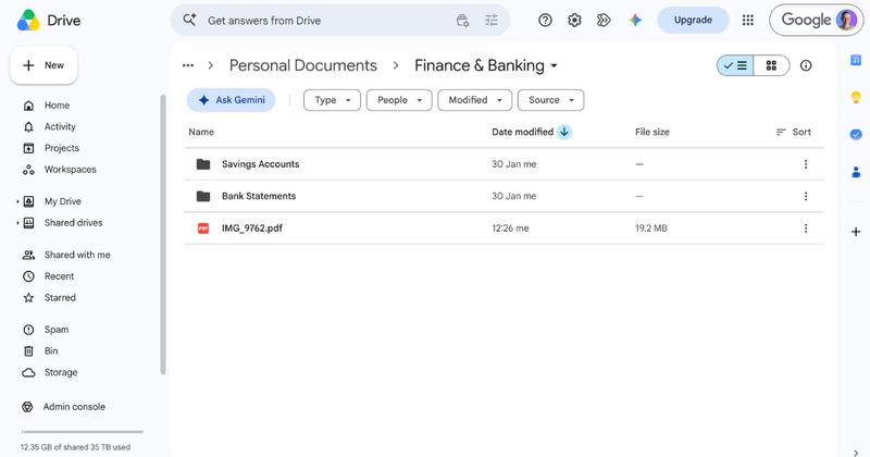 The Finance & Banking folder in Google Drive: two folders named Savings Accounts and Bank Statements, and the filed document sitting beside them as IMG_9762.pdf