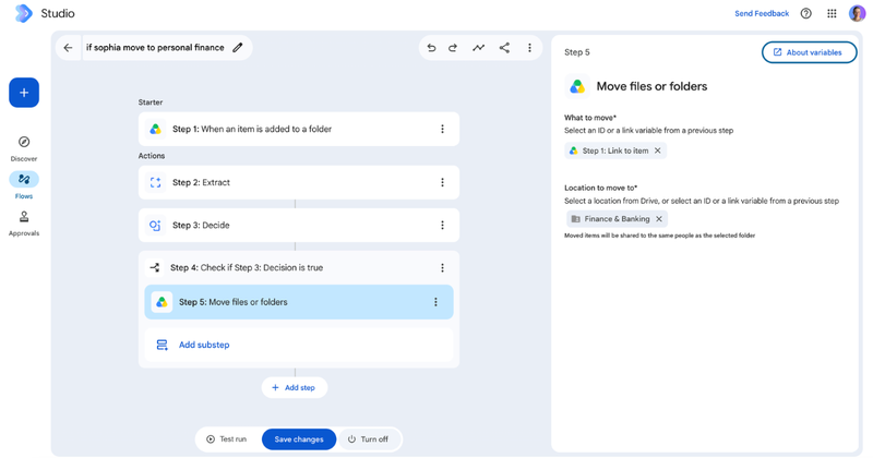 The Workspace Studio flow editor showing the finished five-step flow — folder trigger, Extract, Decide, Check if, Move — beside the Move step&rsquo;s settings, where both &ldquo;What to move&rdquo; and &ldquo;Location to move to&rdquo; accept a link variable from a previous step