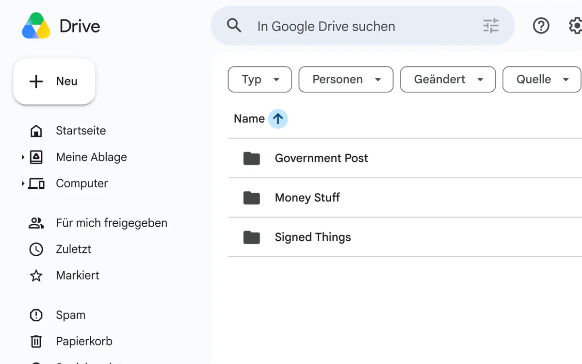 Google Drive with the existing folders Government Post, Money Stuff and Signed Things already in place