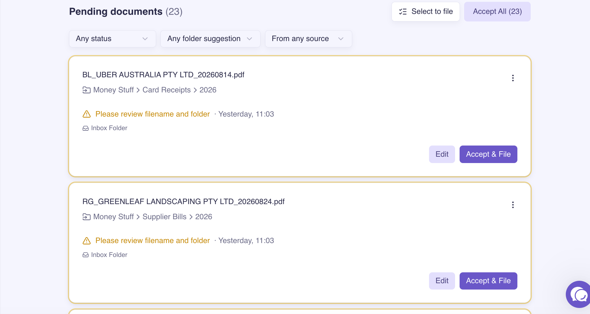 Filently review queue: 23 documents waiting for approval, each with its suggested filename and the existing Drive folder it would be filed into