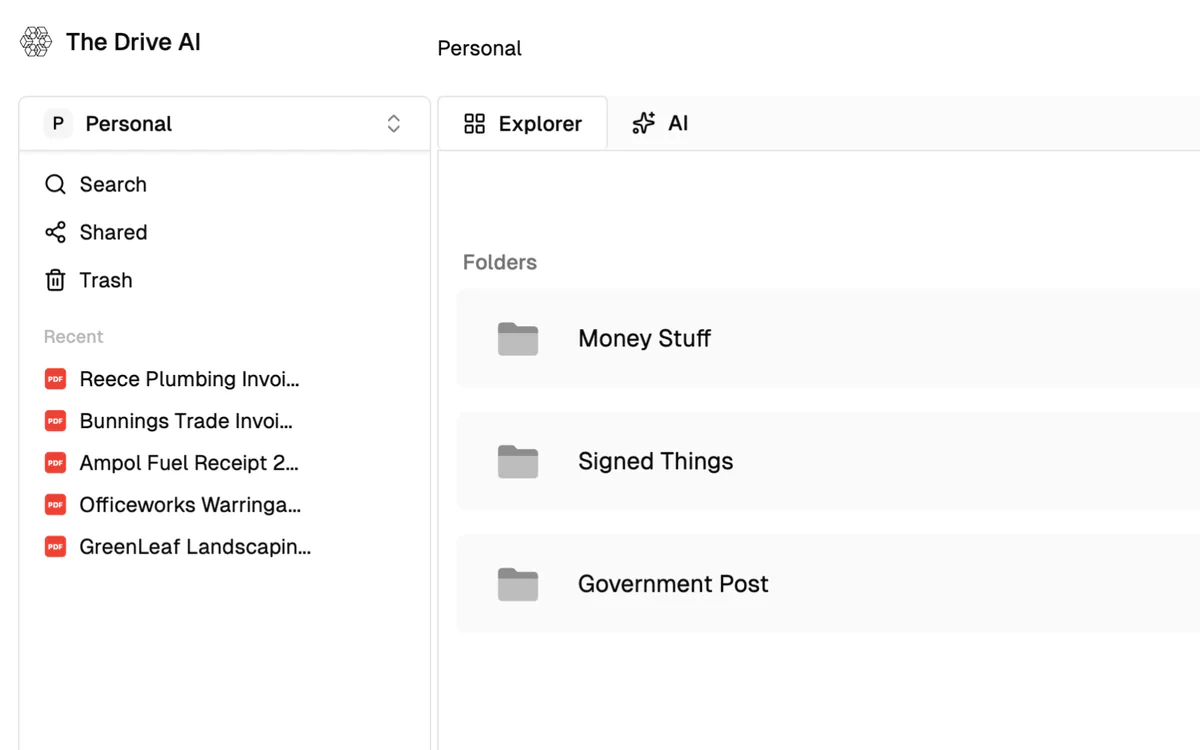 The Drive AI workspace with its own file explorer, recent PDFs in the sidebar and the folders Money Stuff, Signed Things and Government Post
